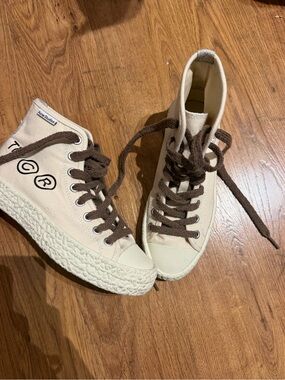 Acne Cream High-Top Canvas Sneakers with Brown Laces